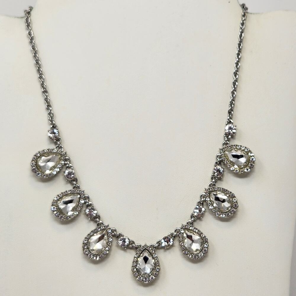 Charter Club Teardrop Crystal Silver Tone Chain Necklace Statement Adjustable